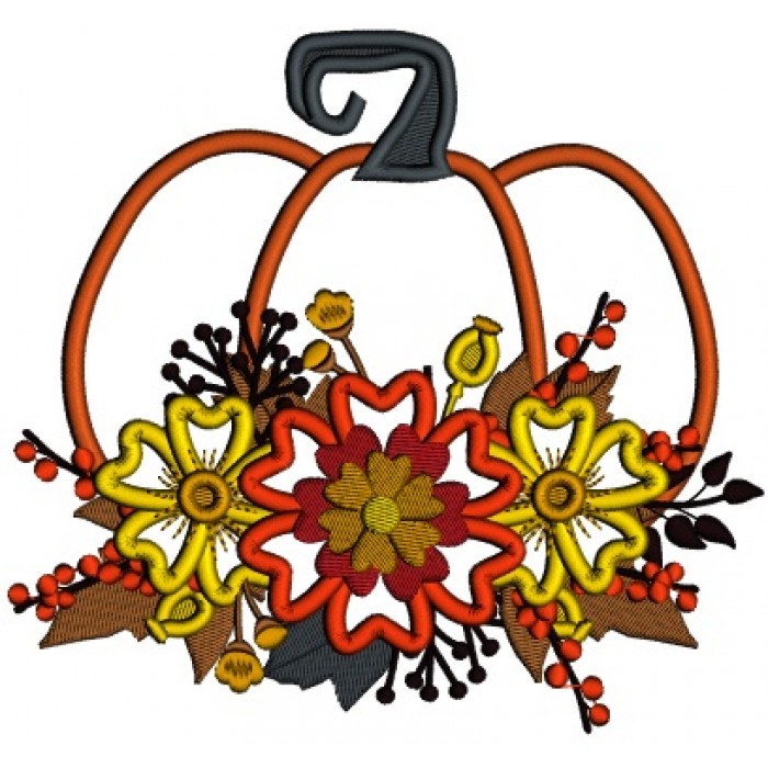 Big Pumpkin With Fall Flowers Applique Machine Embroidery Design Digitized Pattern 5257